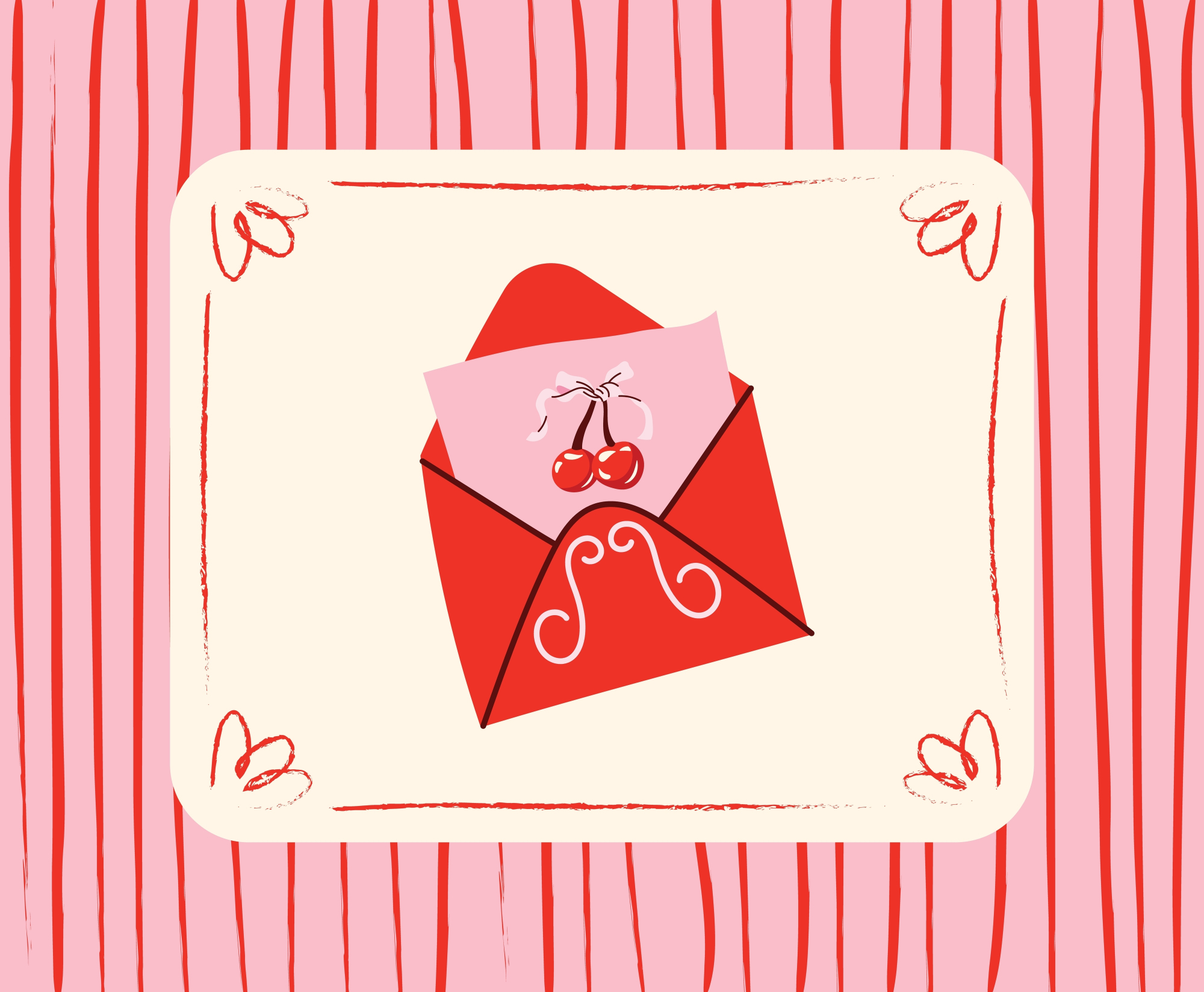 Verzierter Briefumschlag mit einer Postkarte mit Kirschenmotiv auf einem gestreiften Hintergrund