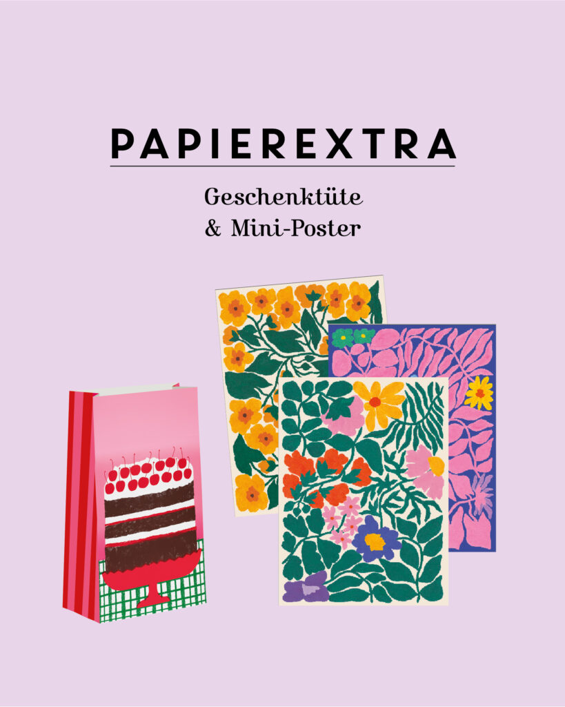 Das Papierextra der aktuellen Ausgabe: Geschenktüte mit Tortenmotiv & Mini-Poster mit floralen Illustrationen