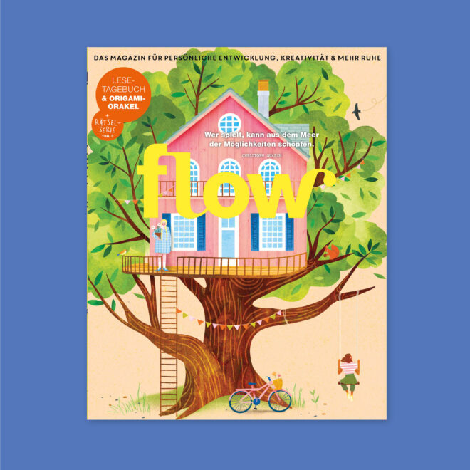 Das Cover der 97. Flow mit Lesetagebuch, Origami-Orakel und Rätselseiten