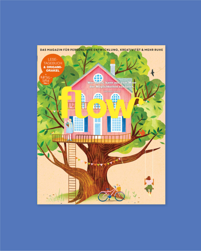 Das Cover der 97. Flow mit Lesetagebuch, Origami-Orakel und Rätselseiten
