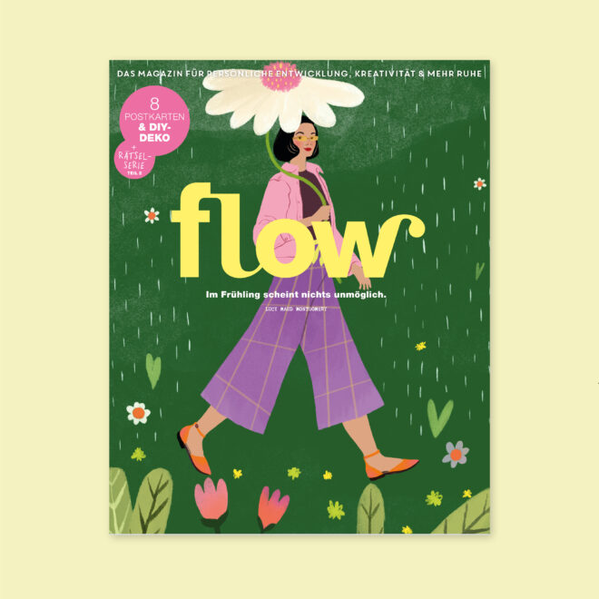 Das Cover der 96. Flow mit Postkarten, DIY-Deko und Rätselseiten
