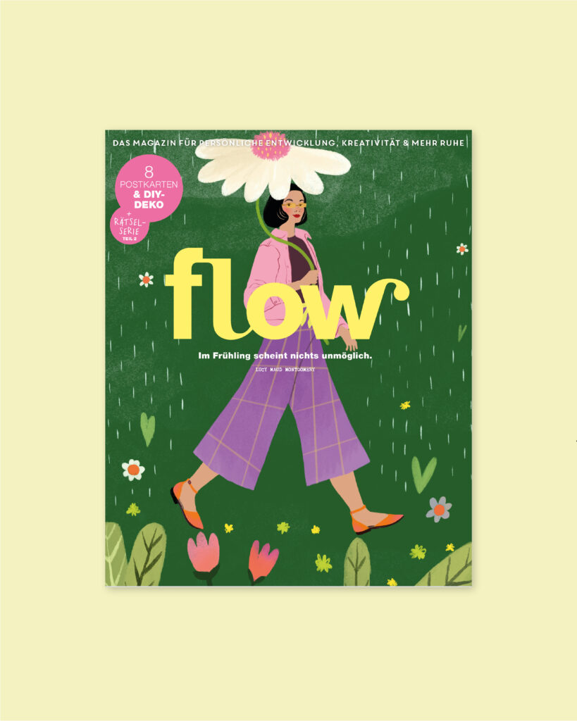 Das Cover der 96. Flow mit Postkarten, DIY-Deko und Rätselseiten