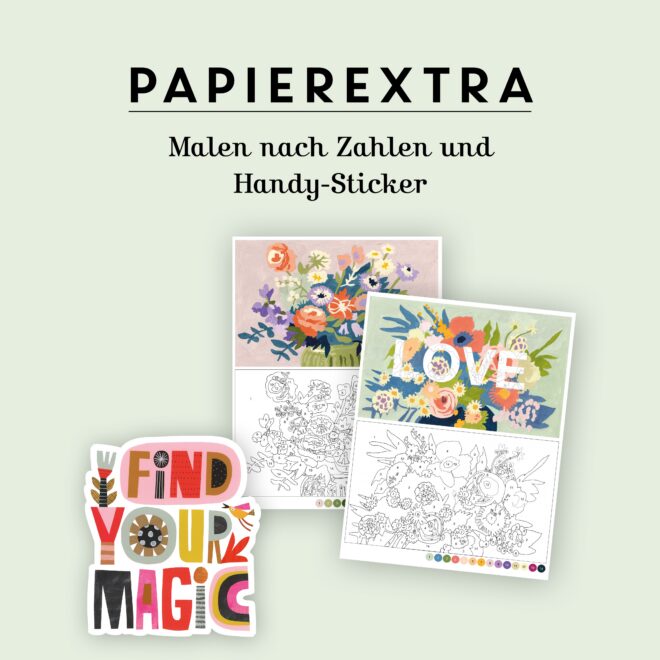 Die Papierextras der 98. Flow: Malen nach Zahlen und Handy-Sticker "Find your magic"